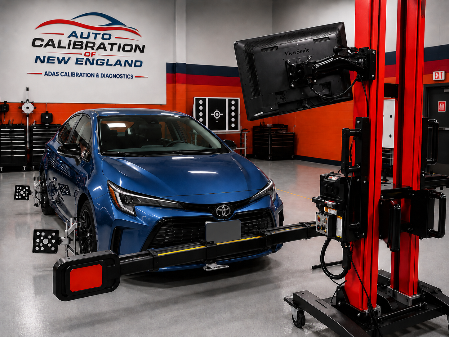 Blue Toyota undergoing ADAS calibration